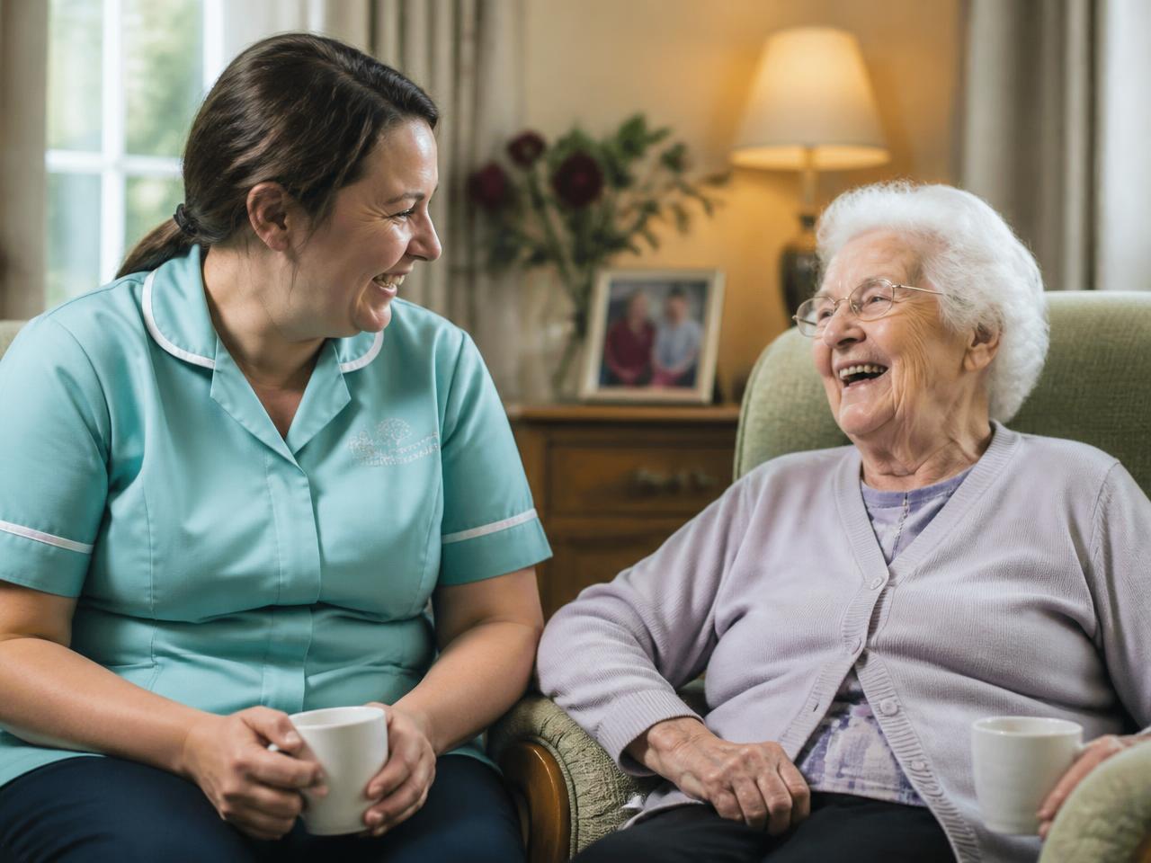 A caregiver and an elderly resident sharing a warm conversation over tea in a care home lounge